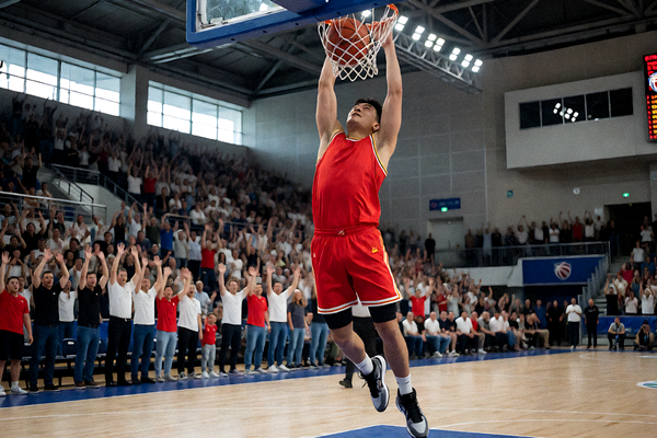 篮球比赛中球员快攻扣篮，现场观众起立欢呼