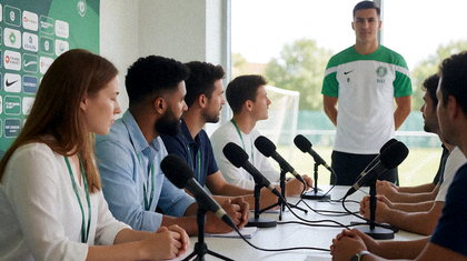 体育赛事新闻发布现场与媒体记者采访画面